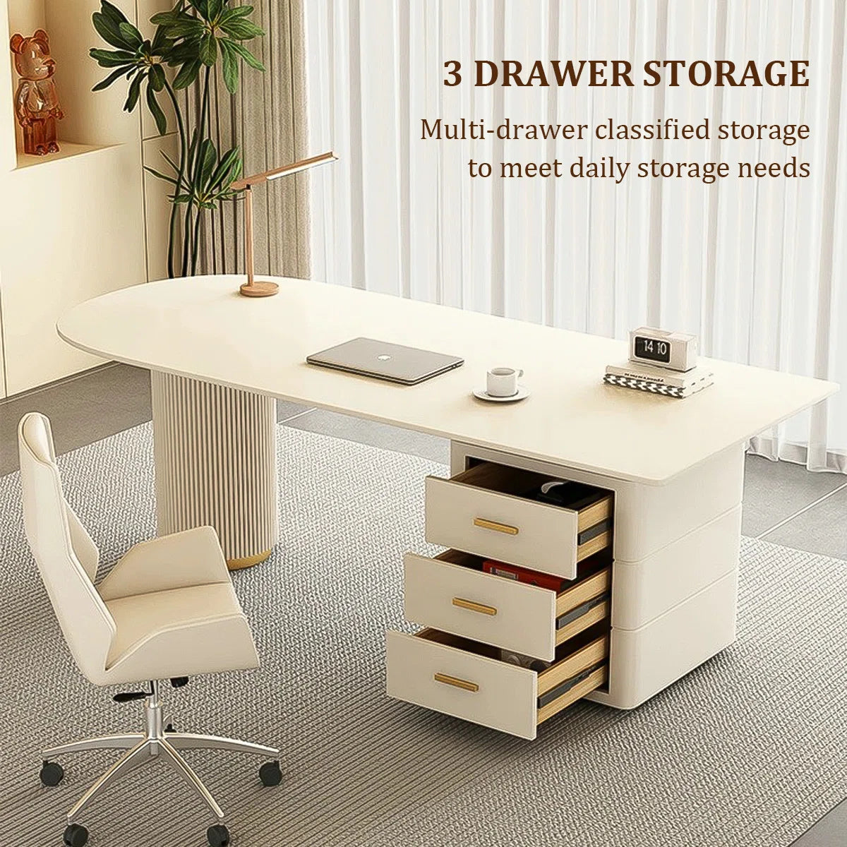 Modern Minimalist Sintered Stone Executive Desk with 3-Drawer Storage Cabinet | Heat & Scratch Resistant Office Table