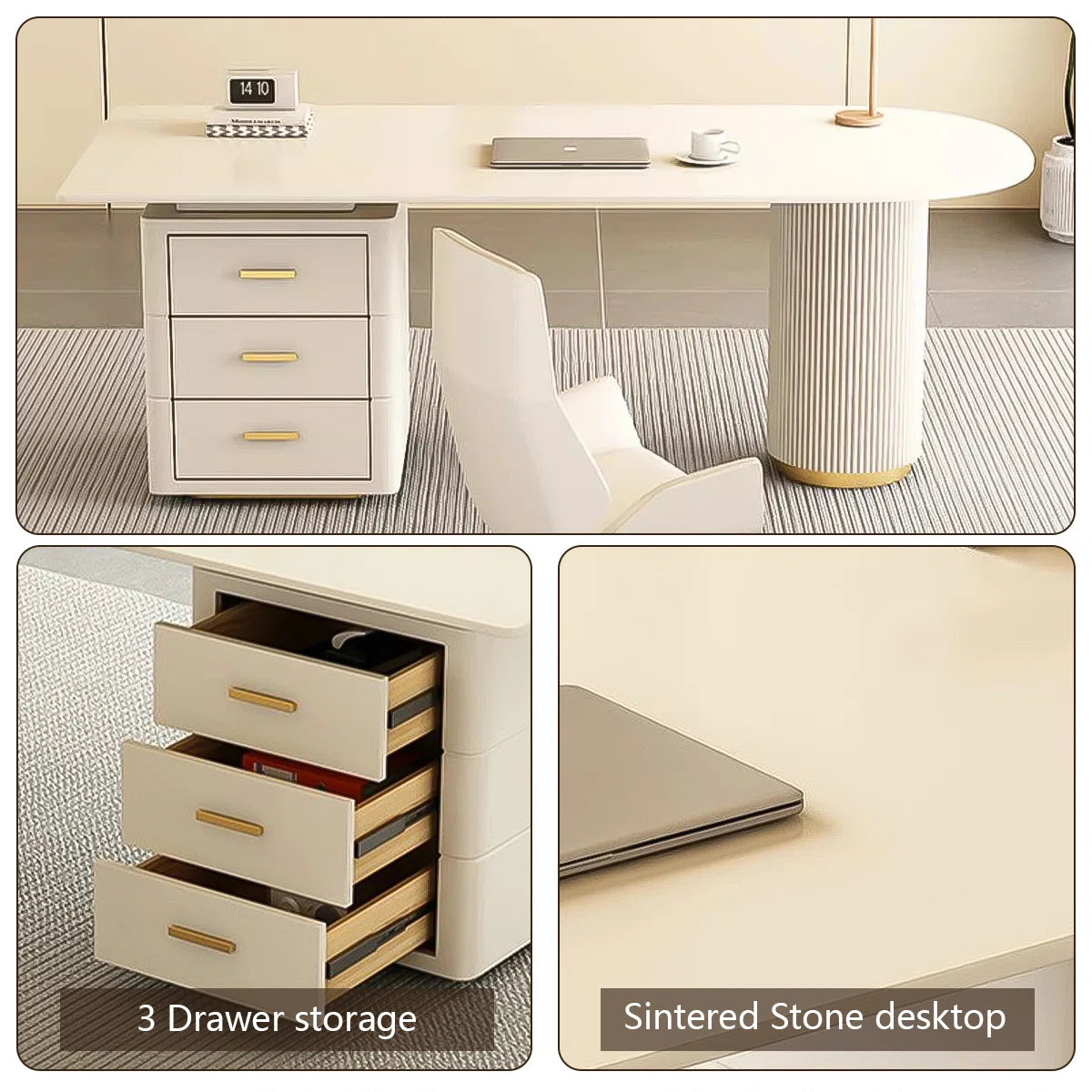 Modern Minimalist Sintered Stone Executive Desk with 3-Drawer Storage Cabinet | Heat & Scratch Resistant Office Table