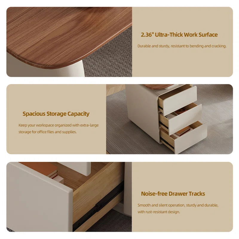 Modern Office Desk with 3-Drawer Storage Cabinet | Extra-Thick Desktop Study & Computer Table