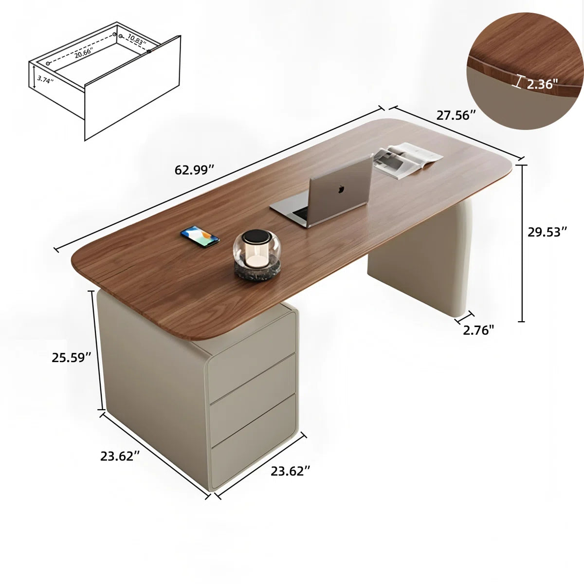 Modern Office Desk with 3-Drawer Storage Cabinet | Extra-Thick Desktop Study & Computer Table