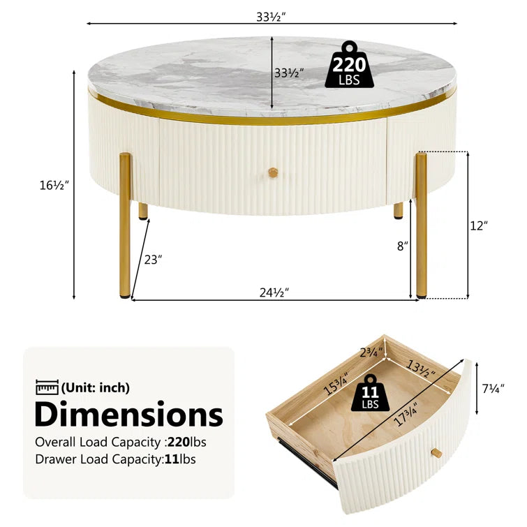 Modern Round Coffee Table with 2 Large Drawers Storage