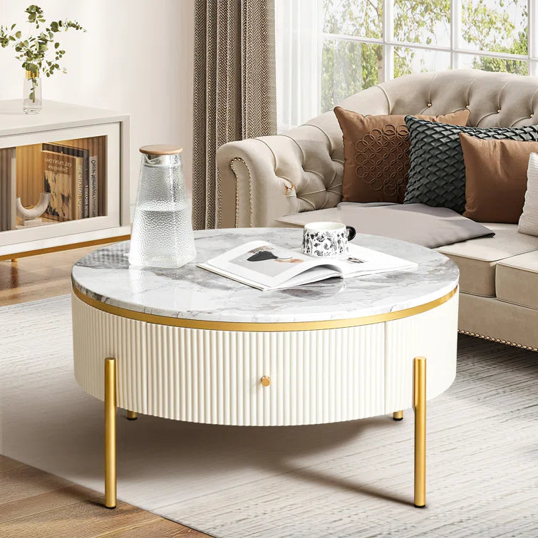 Modern Round Coffee Table with 2 Large Drawers Storage