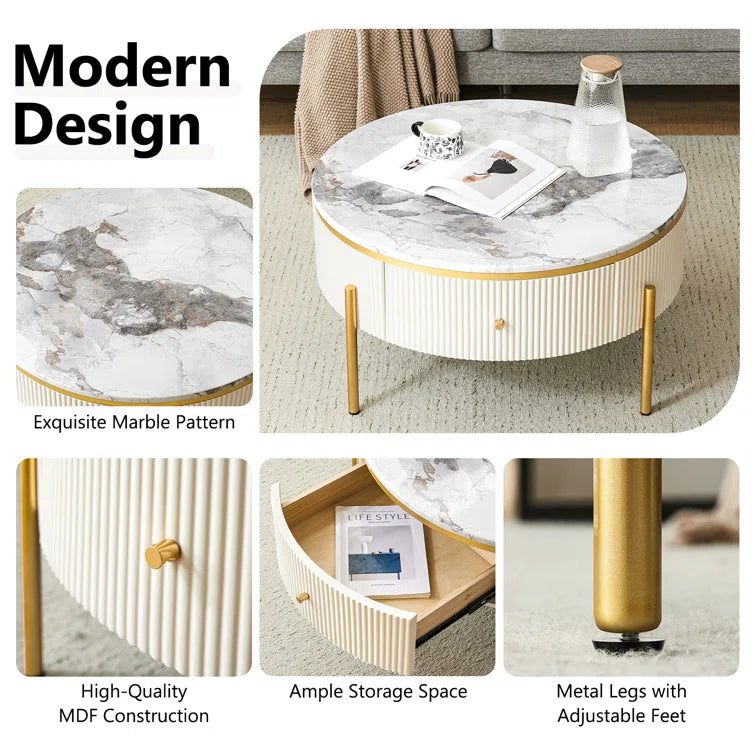Modern Round Coffee Table with 2 Large Drawers Storage