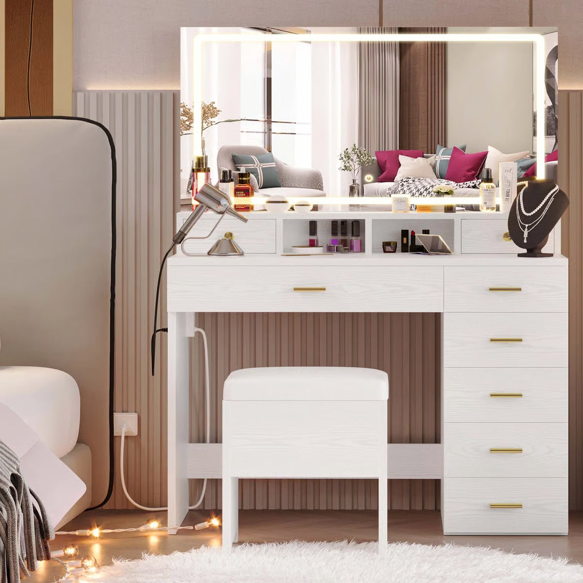 Wide 39.3" Modern Vanity Desk with LED Mirror, 8 Drawers, Adjustable Lights, and Built-In Charging Station- OUCH CART | Dressing table 