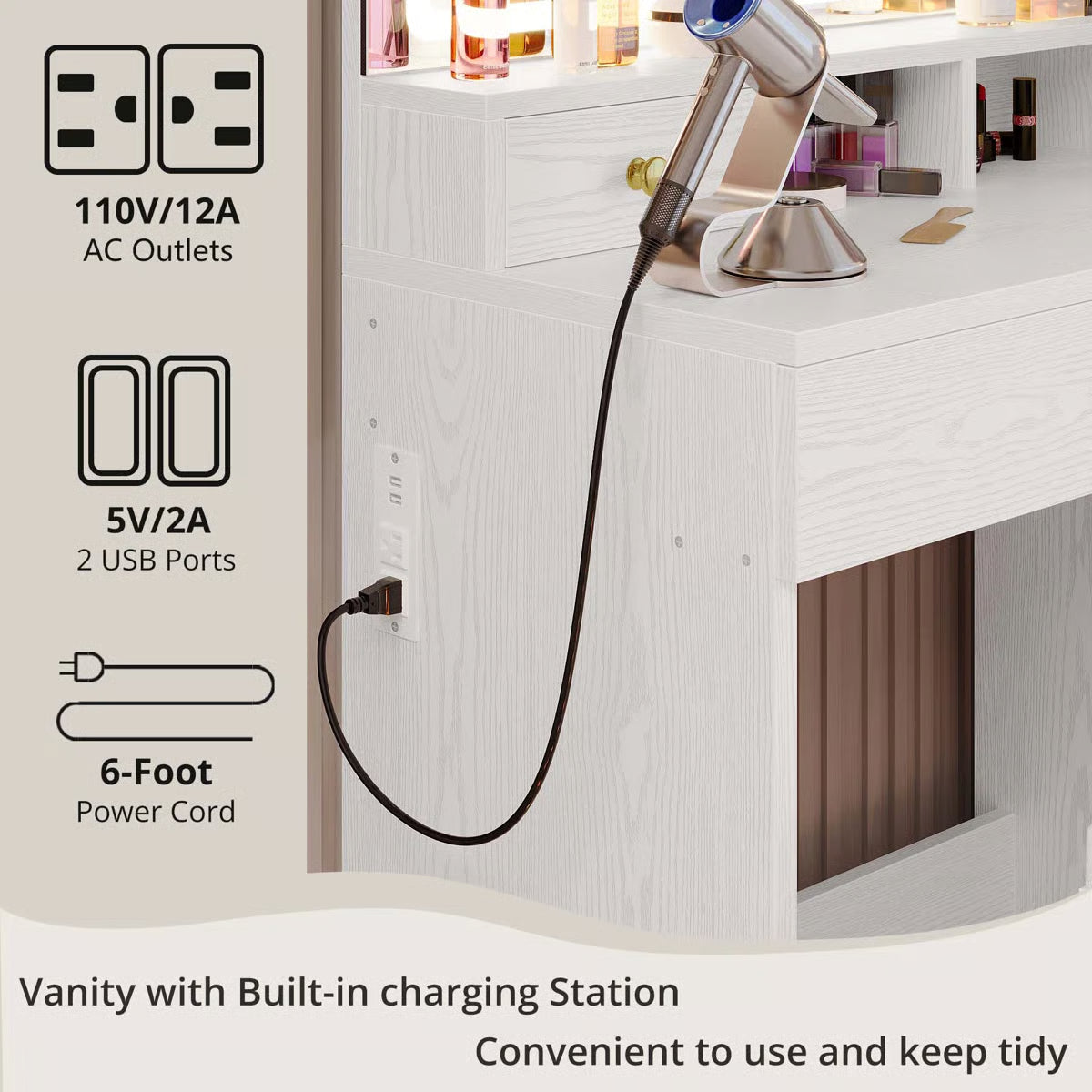 Wide 39.3" Modern Vanity Desk with LED Mirror, 8 Drawers, Adjustable Lights, and Built-In Charging Station