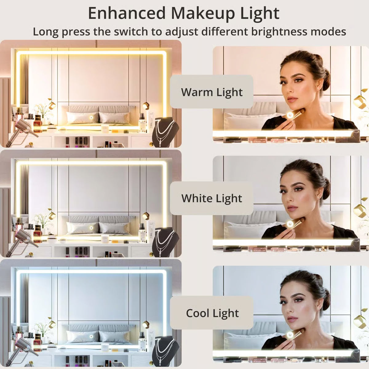 Wide 39.3" Modern Vanity Desk with LED Mirror, 8 Drawers, Adjustable Lights, and Built-In Charging Station