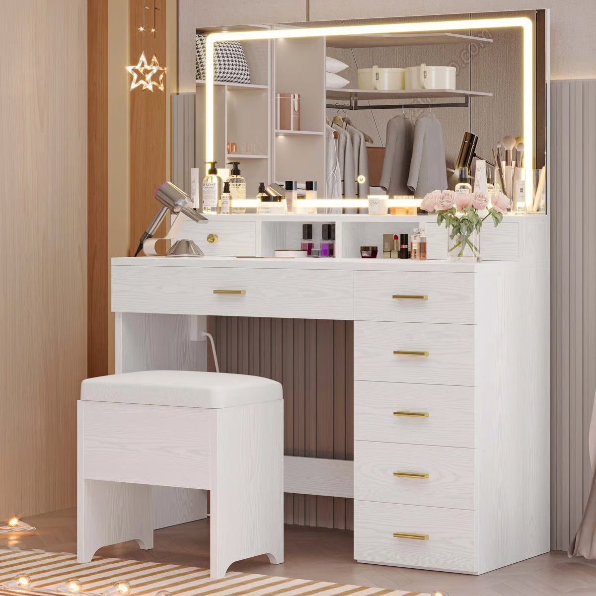 Wide 39.3" Modern Vanity Desk with LED Mirror, 8 Drawers, Adjustable Lights, and Built-In Charging Station