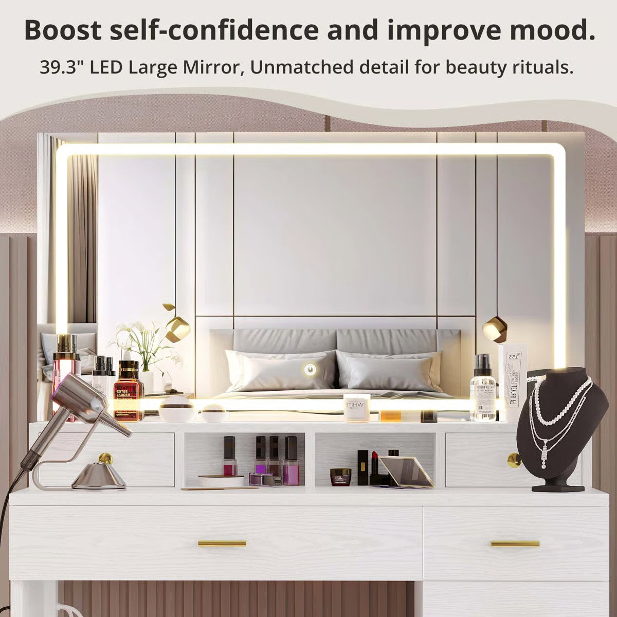 Wide 39.3" Modern Vanity Desk with LED Mirror, 8 Drawers, Adjustable Lights, and Built-In Charging Station