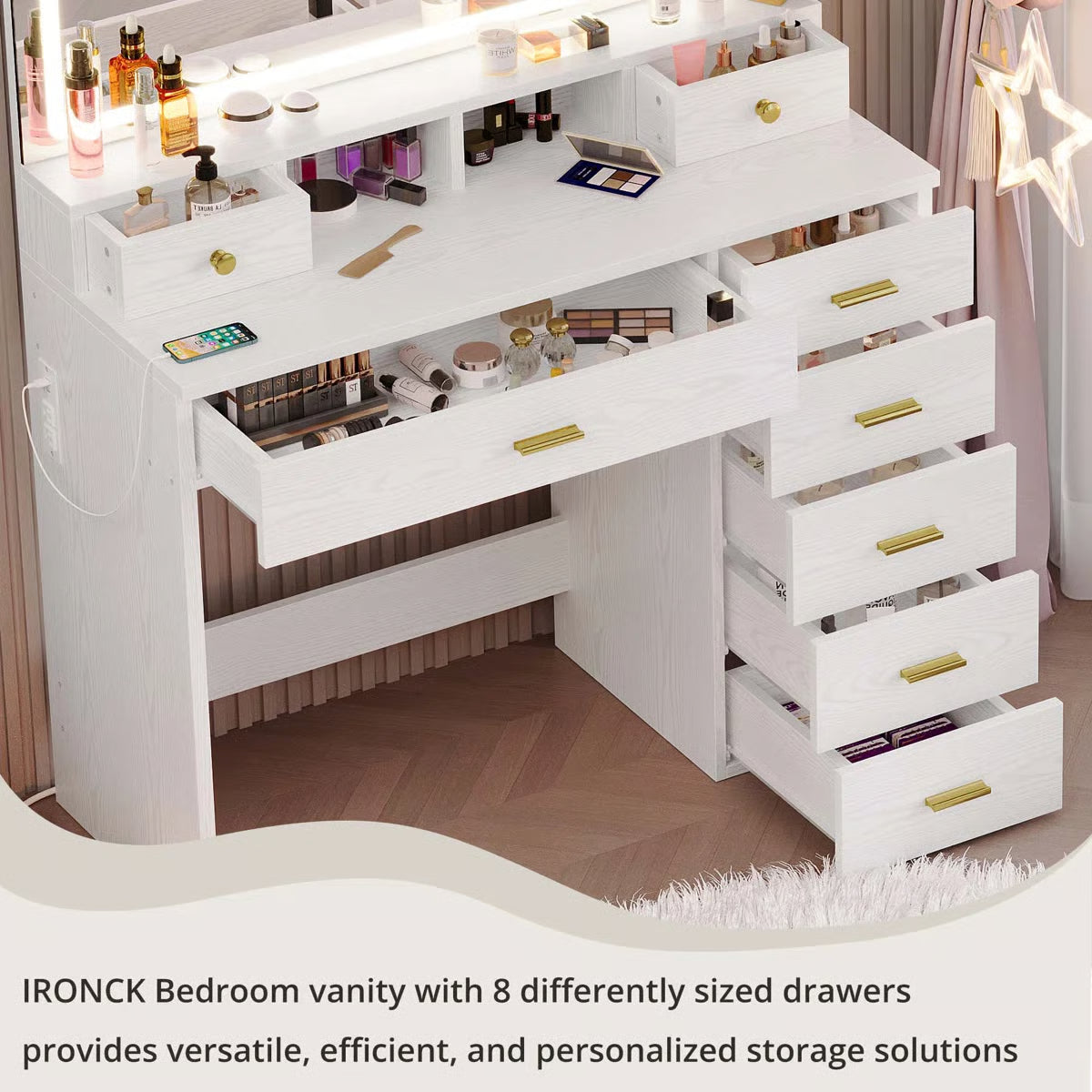 Wide 39.3" Modern Vanity Desk with LED Mirror, 8 Drawers, Adjustable Lights, and Built-In Charging Station- OUCH CART | Dressing table 