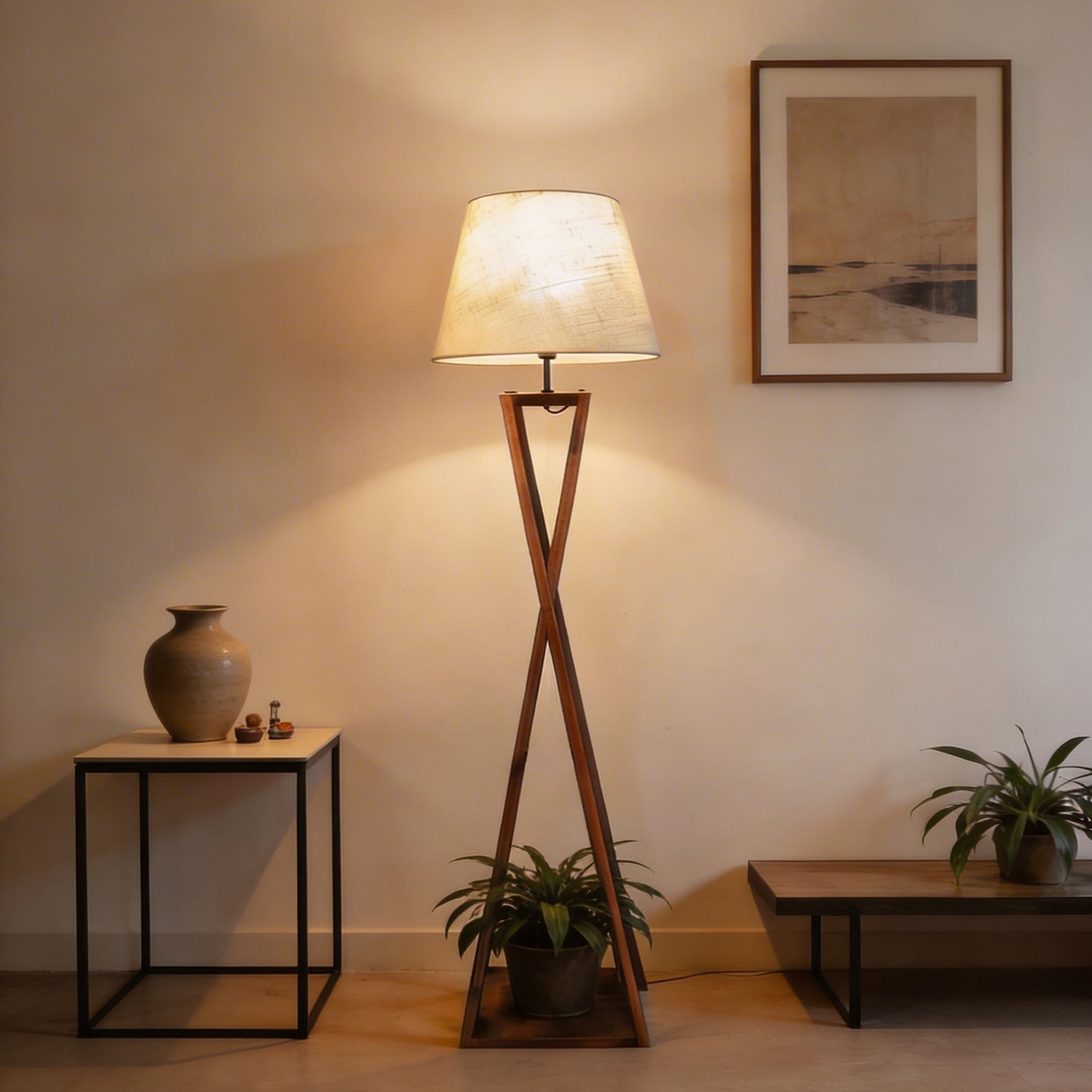 Monica Wooden Floor Lamp with Premium Beige Fabric Lampshade (BULB NOT INCLUDED)