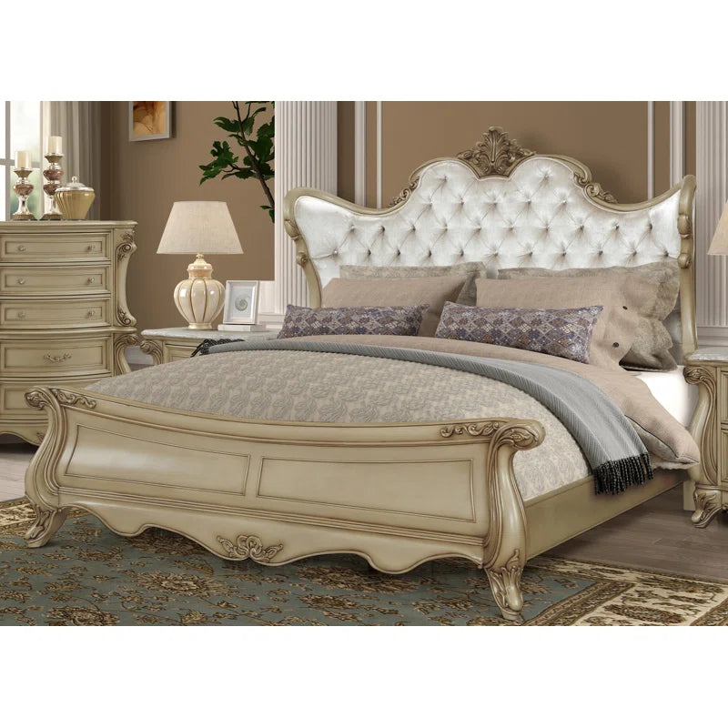Monique Solid Wood Standard Bed with Upholstered Headboard in Champagne- OUCHCART | Bed