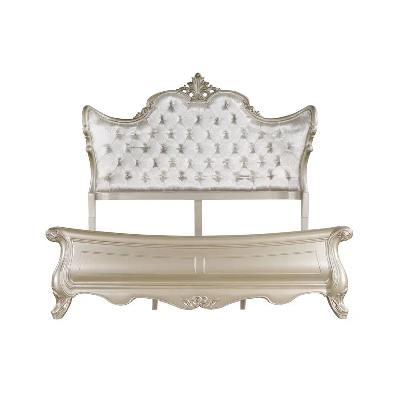 Monique Solid Wood Standard Bed with Upholstered Headboard in Champagne