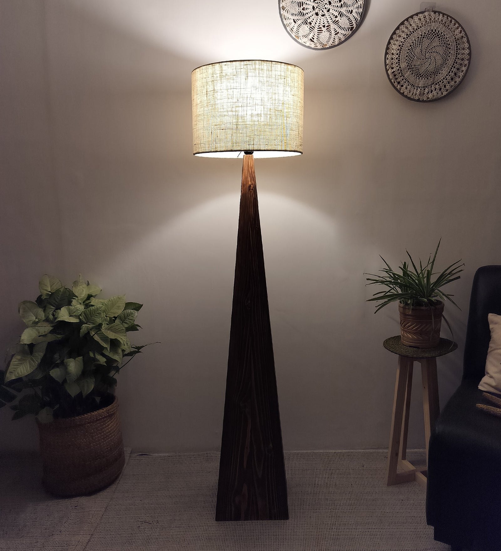 Monolith Wooden Floor Lamp with Brown Base and Jute Fabric Lampshade