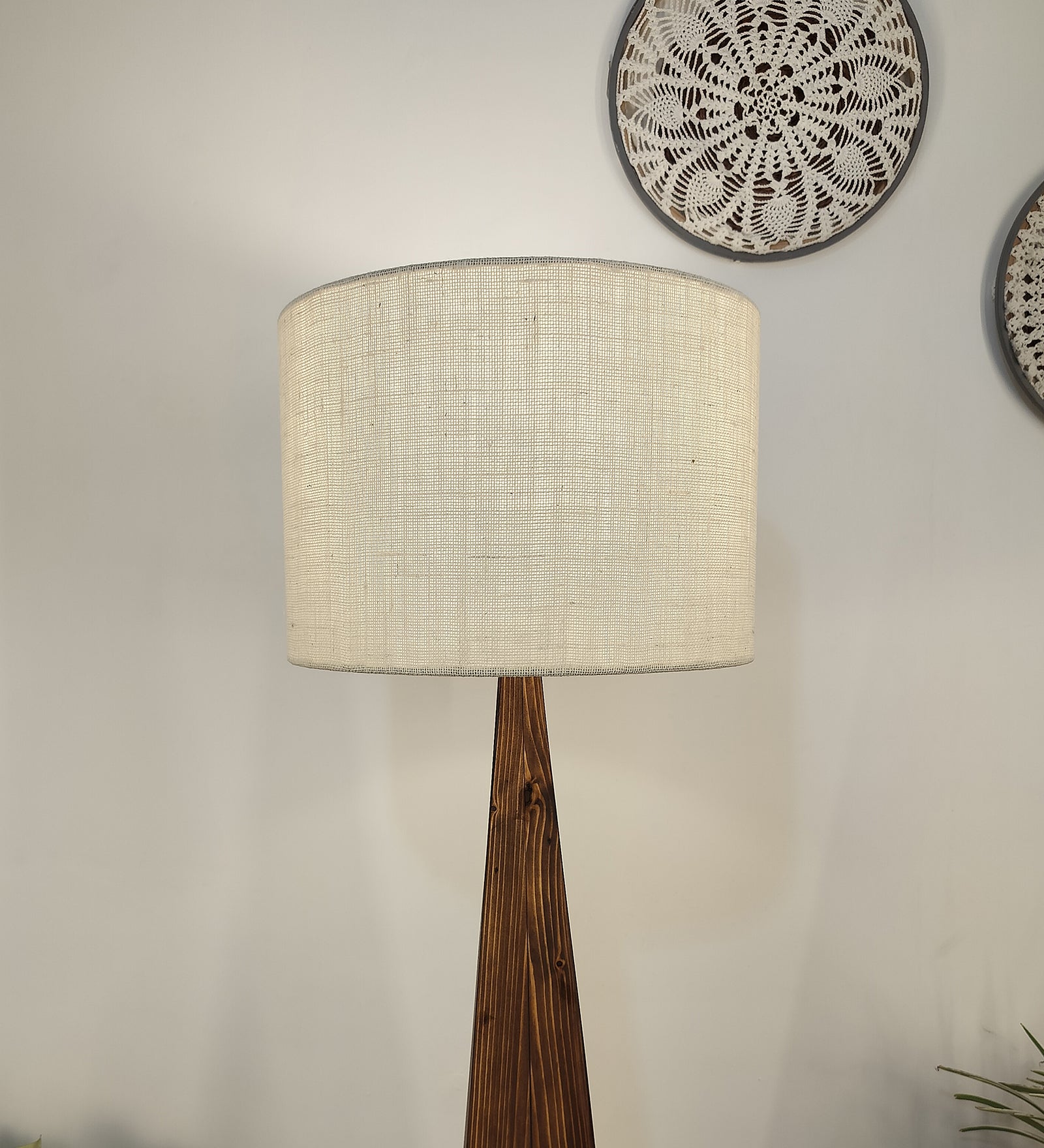 Monolith Wooden Floor Lamp with Brown Base and Jute Fabric Lampshade