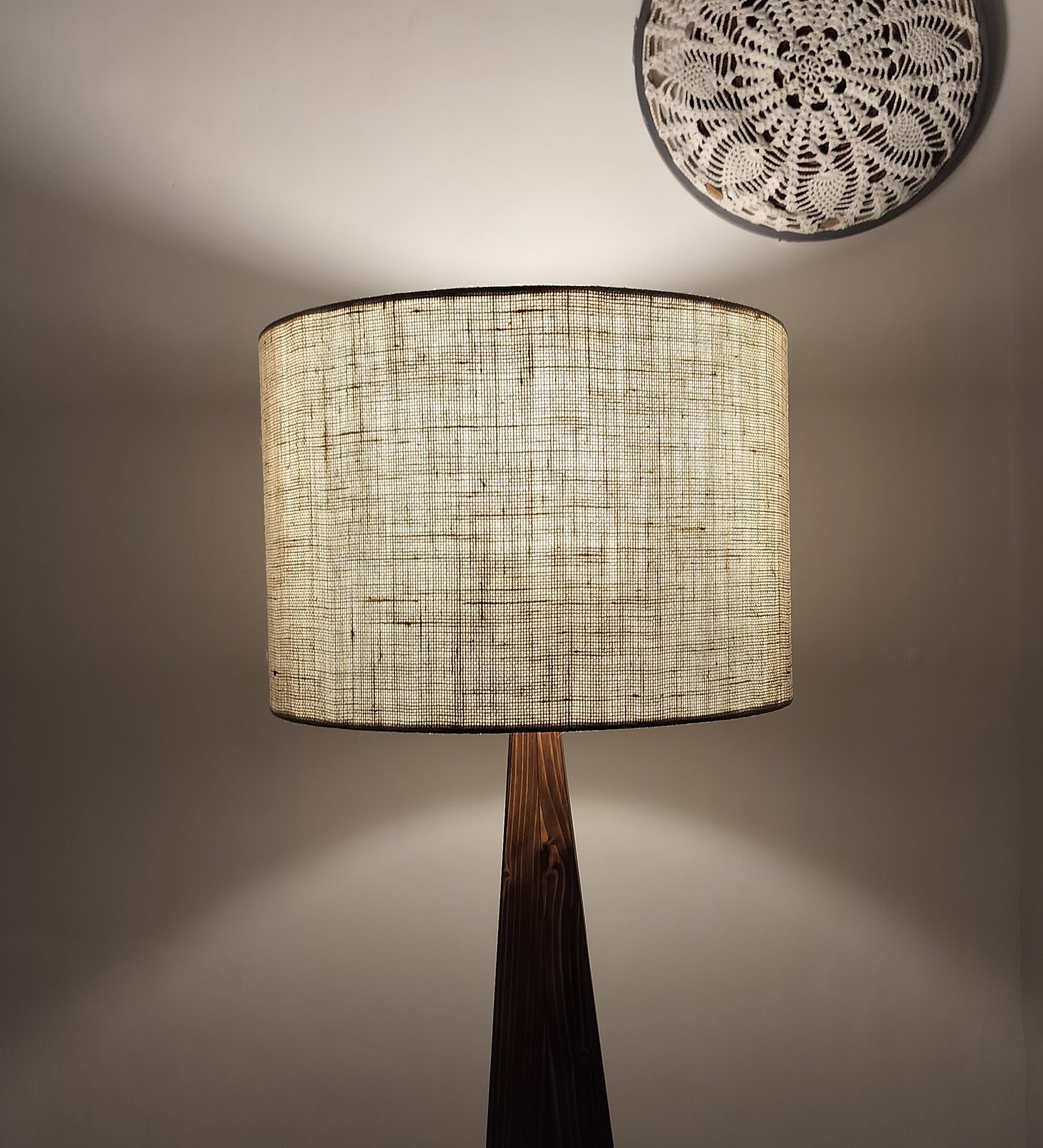 Monolith Wooden Floor Lamp with Brown Base and Jute Fabric Lampshade