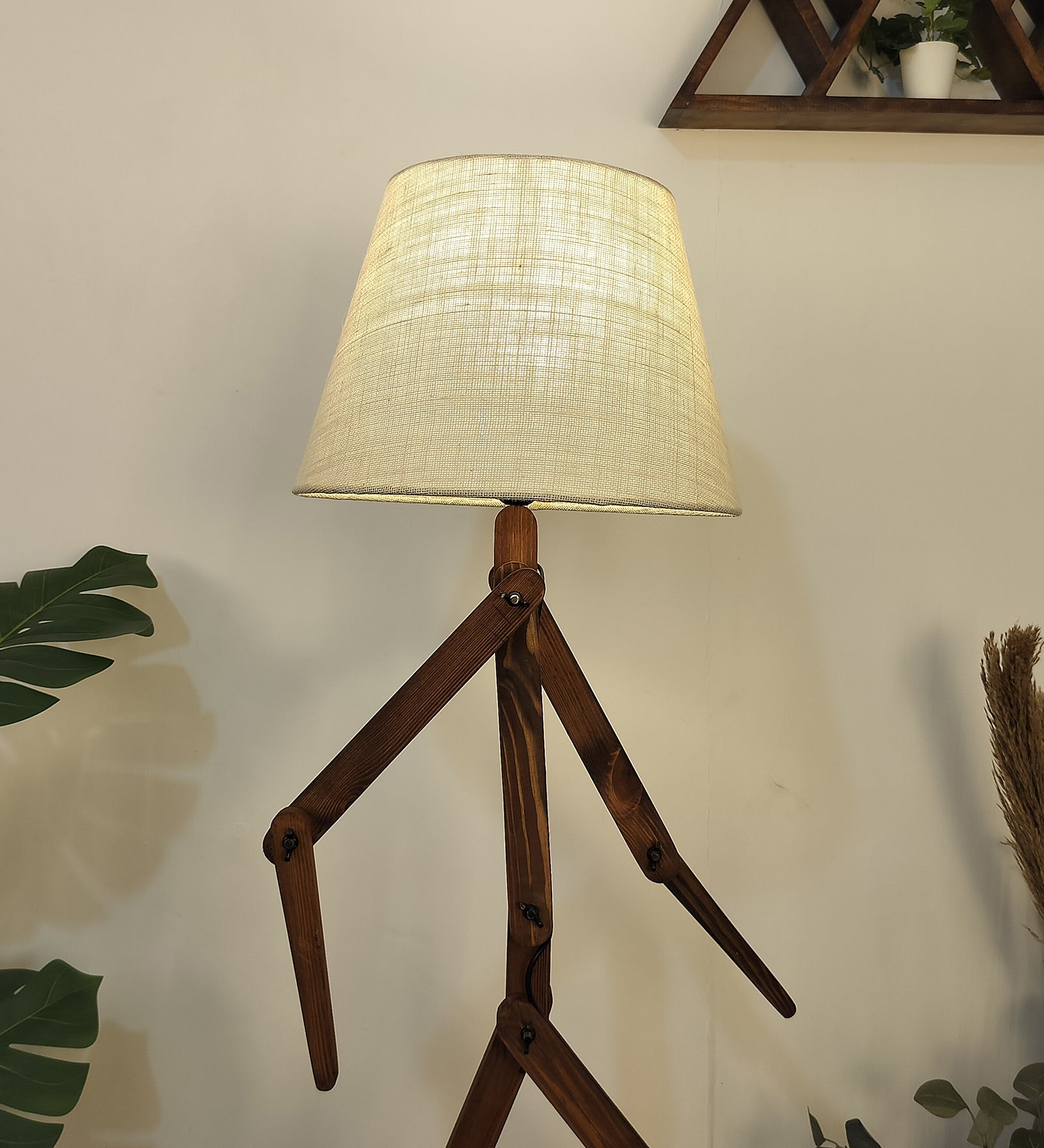 Moonwalker Wooden Floor Lamp with Brown Base and Premium Beige Fabric Lampshade (BULB NOT INCLUDED)