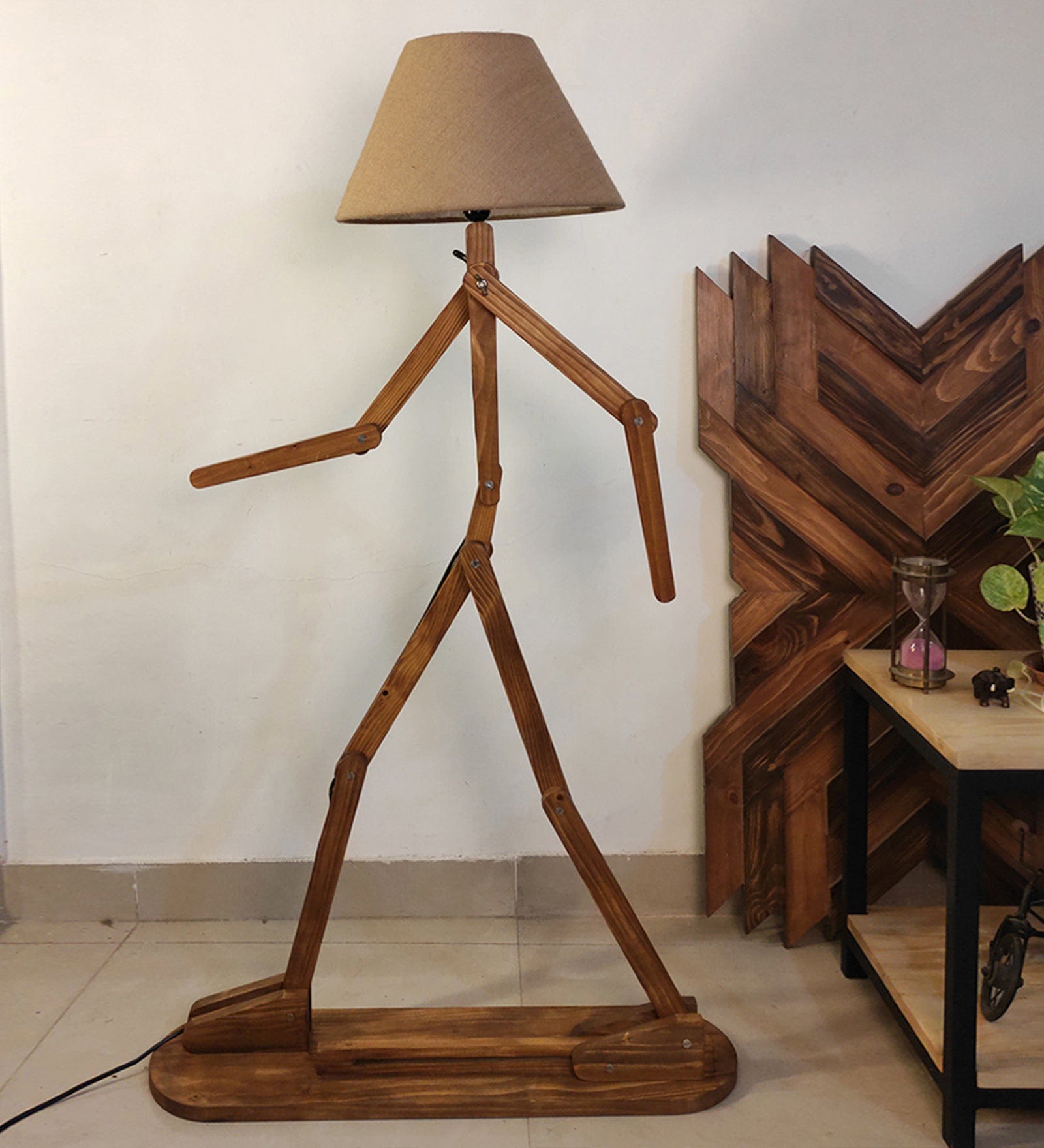 Moonwalker Wooden Floor Lamp with Brown Base and Premium Beige Fabric Lampshade (BULB NOT INCLUDED)