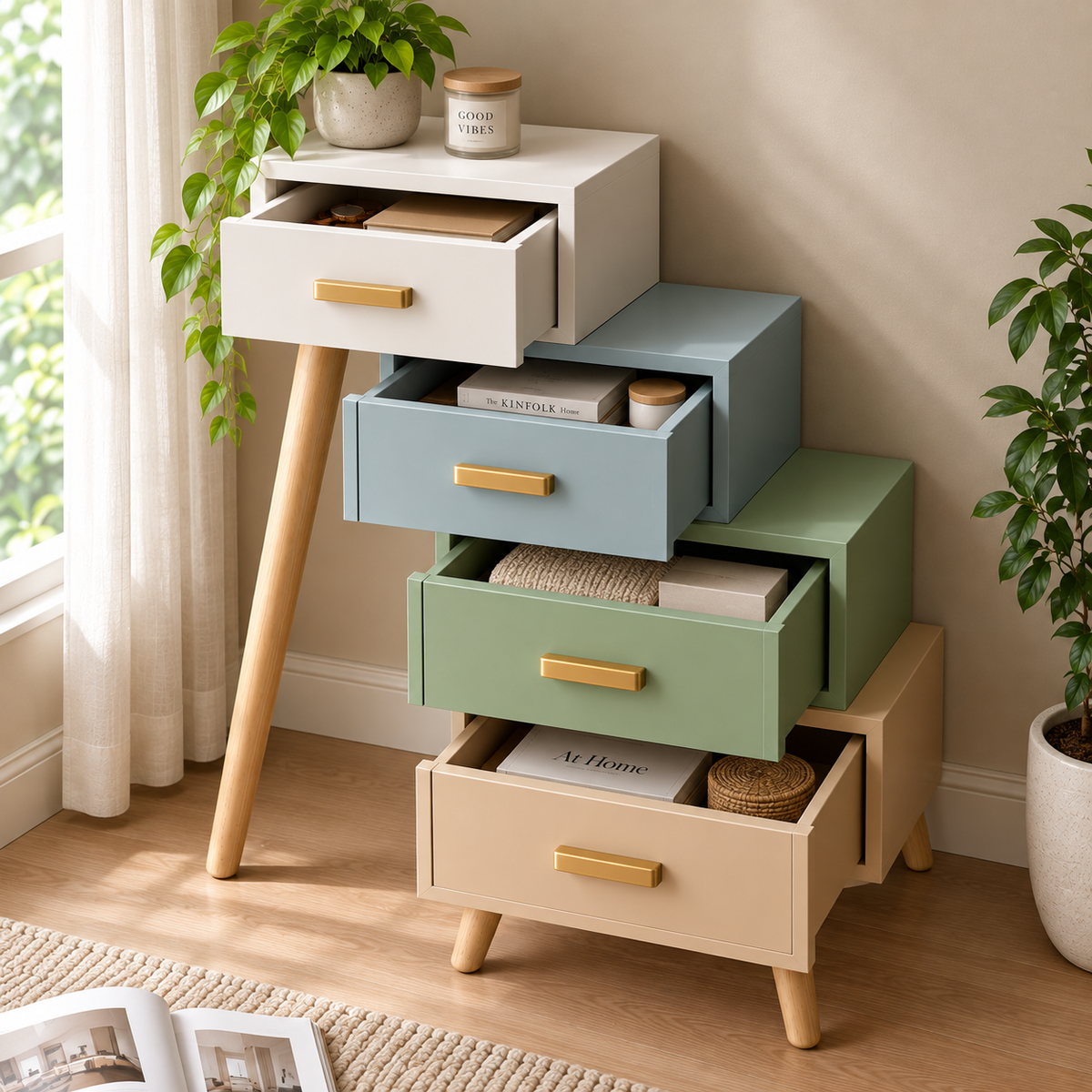 Multicolor Scandinavian Chest of Drawers with Brass Handles & Wooden Legs  Bedroom & Living Room Furniture