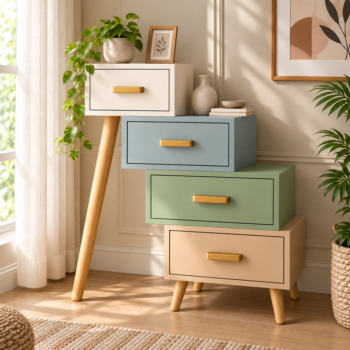 Multicolor Scandinavian Chest of Drawers with Brass Handles & Wooden Legs  Bedroom & Living Room Furniture