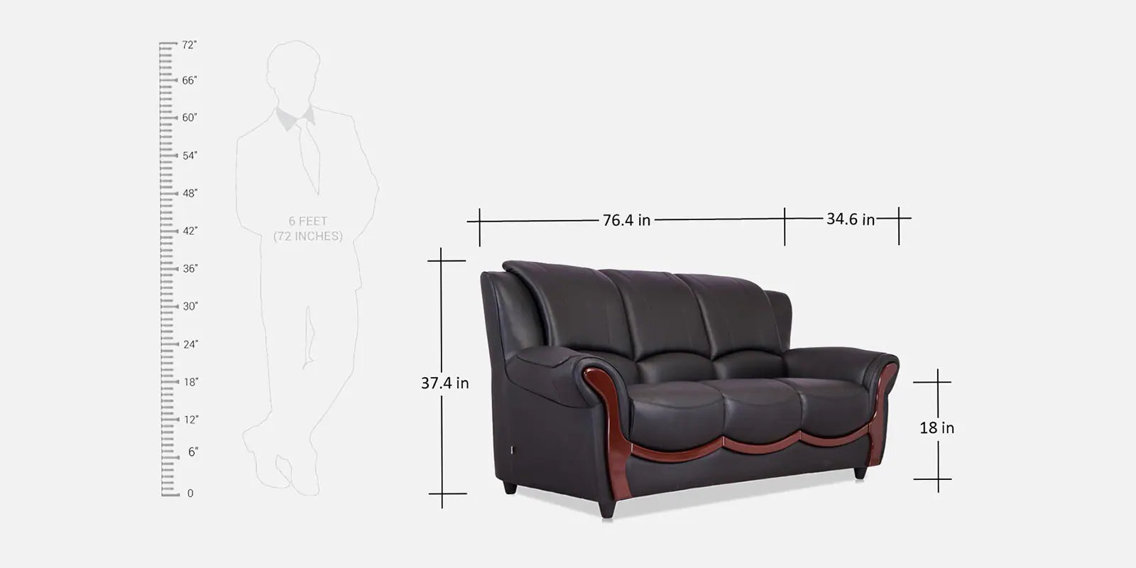 Leatherette 3 Seater Sofa in Eerie Black Colour