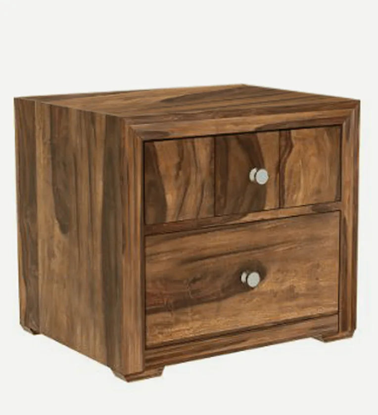 Sheesham Wood Bedside Table In Rustic Teak Finish With Drawers