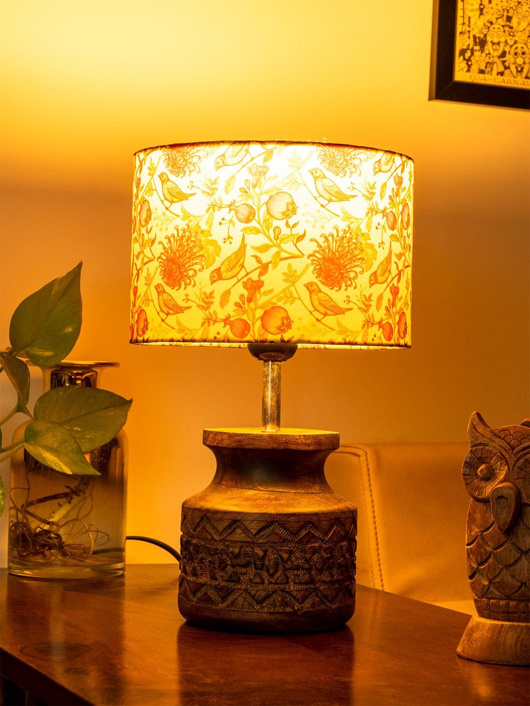 Wooden Carved Lamp with Birdy Multicolor Shade