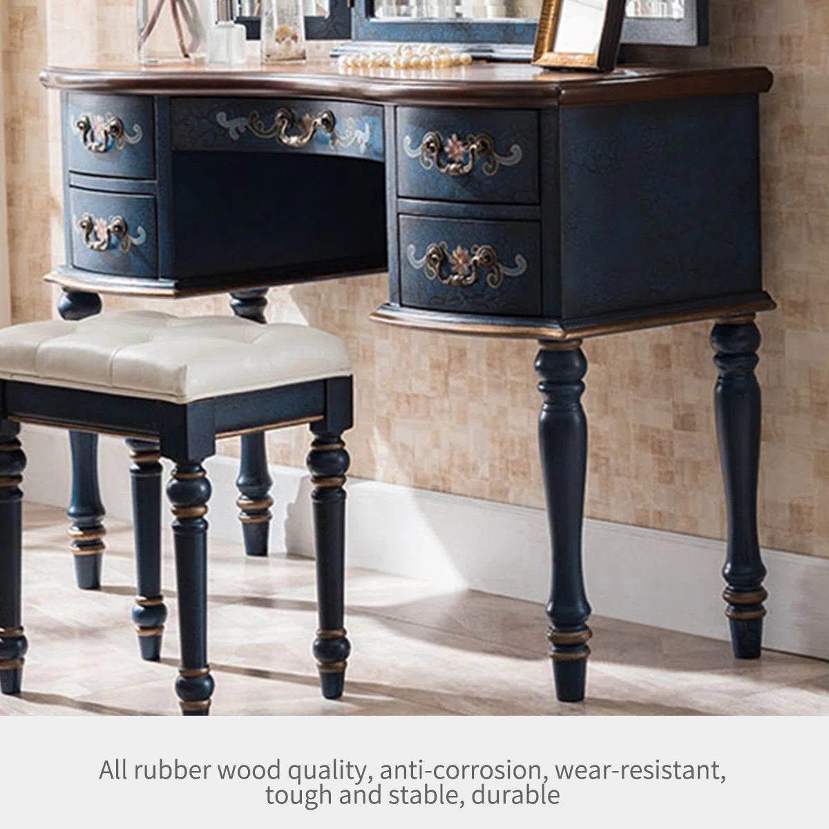 Solid Rubberwood Vanity Table with Tri-Fold Adjustable Mirror & Storage – Blue Finish