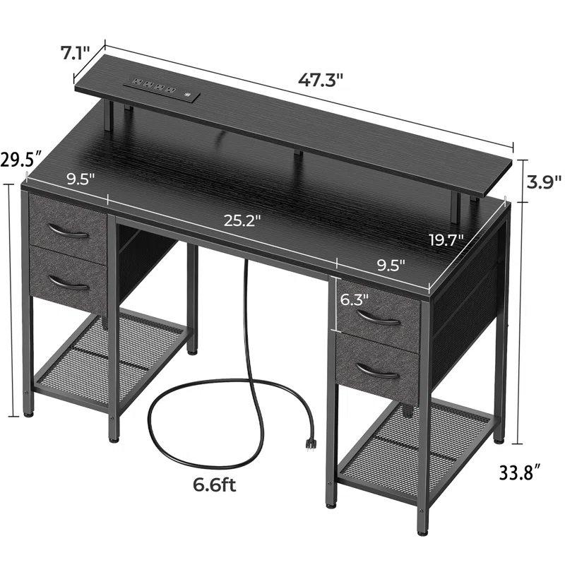 Desk with LED Lights, Computer Desk with Storage, Corner Desk with Drawers, Home Office Desk with Shelves, Writing Desk with 4 File Drawers, Gaming Desk with Power Outlets, Study Desk