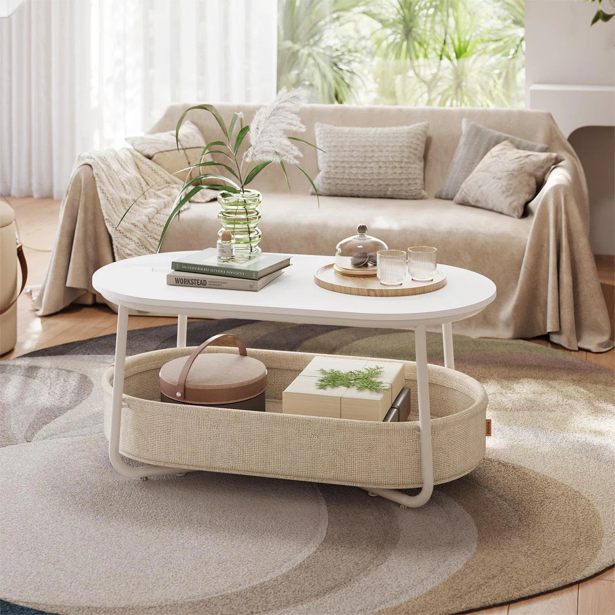 Neili Floor Shelf 39.4" W Coffee Table with Storage Fabric Basket-OUCH CART | Center table