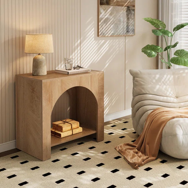 Farmhouse Arched Nightstand with Open Shelf – Rustic Wooden Bedside Table for Small Spaces