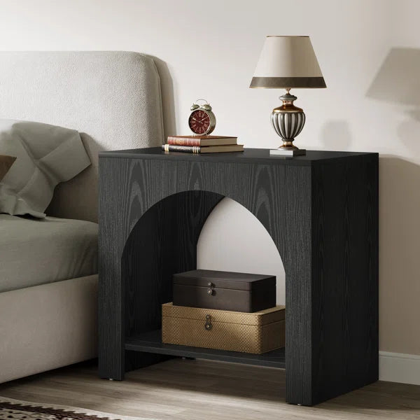 Farmhouse Arched Nightstand with Open Shelf – Rustic Wooden Bedside Table for Small Spaces