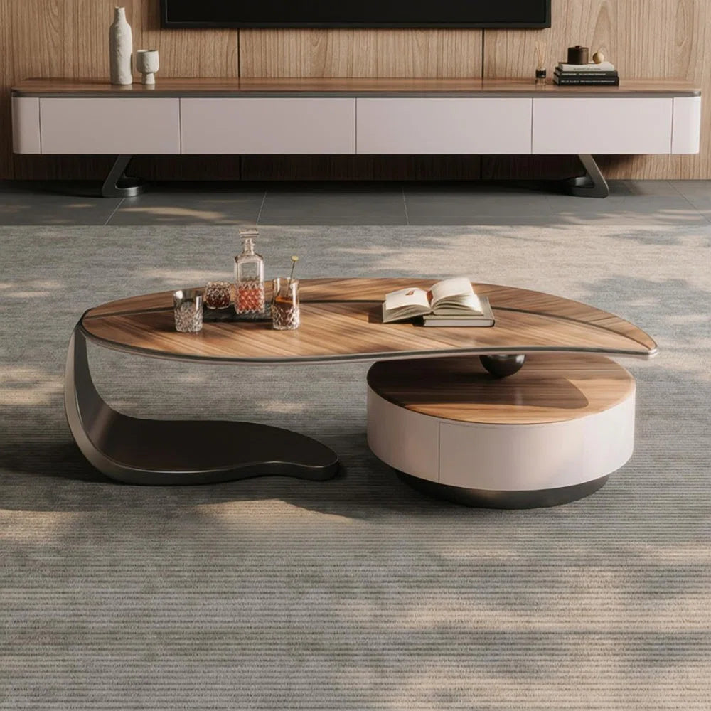 Modern Walnut Veneer Coffee Table with Storage Drawer & Stainless Steel Legs – Contemporary Living Room Center Table