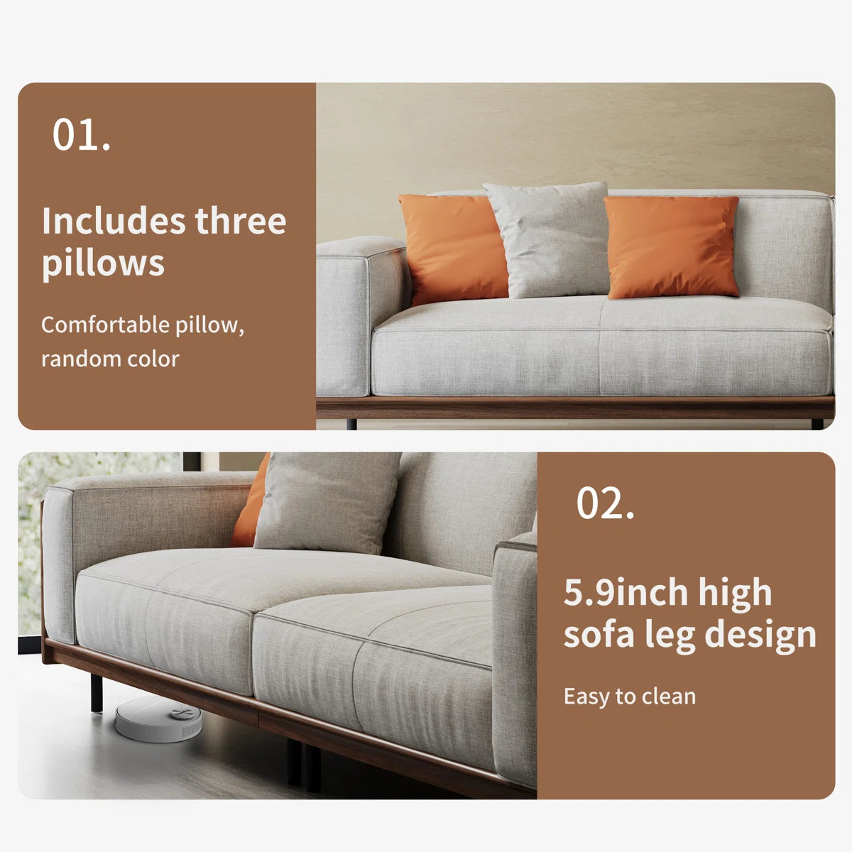 Mid-Century Modern 3-Seater Sofa | Upholstered Fabric Couch with Solid Wood Frame & Deep Seating | Luxury Living Room Sofa