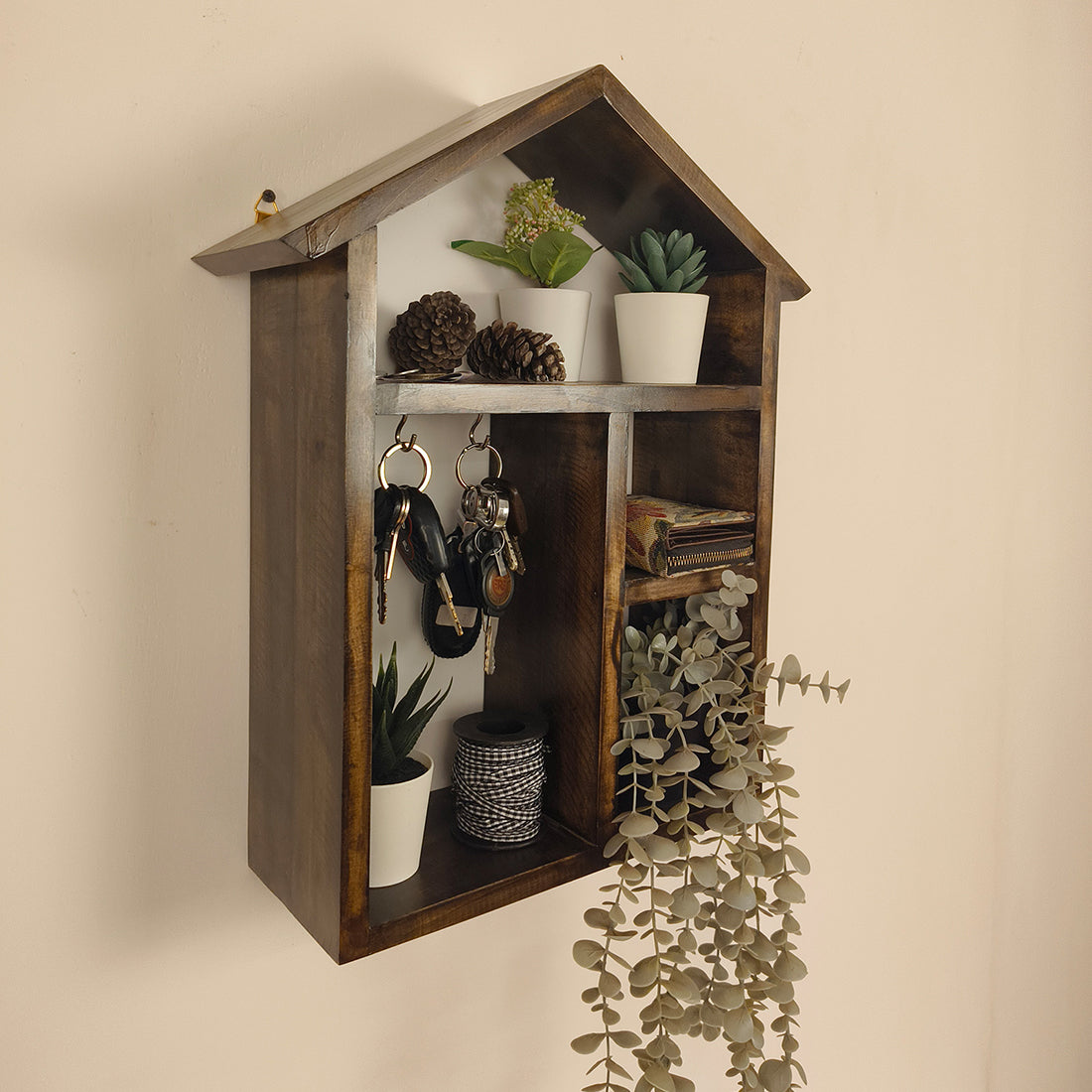 OCTAVIUS Wooden Wall Shelf Organiser with Key Holders