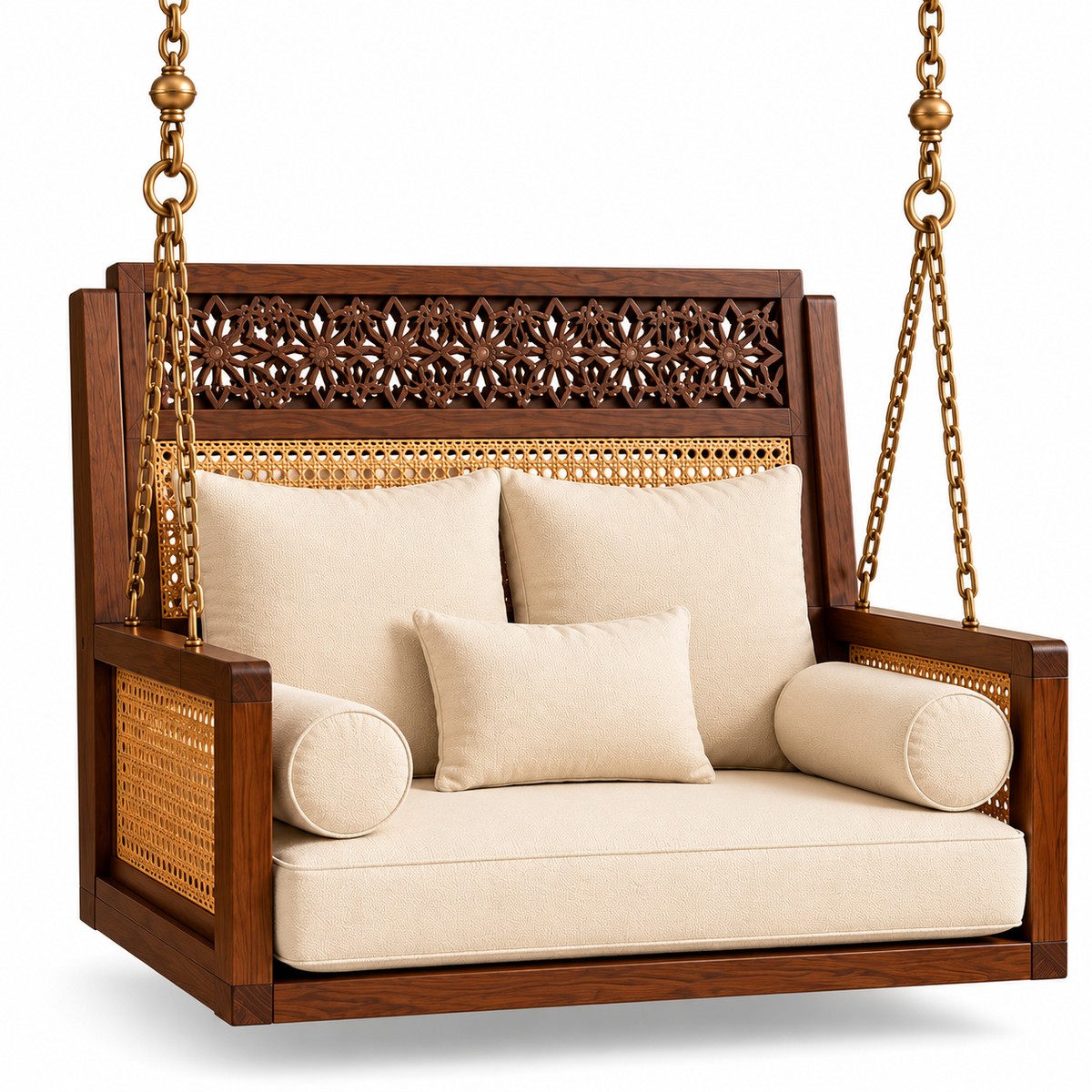 Wooden Swing Chair with Cushions, Carved Backrest & Cane Detailing for Living Room