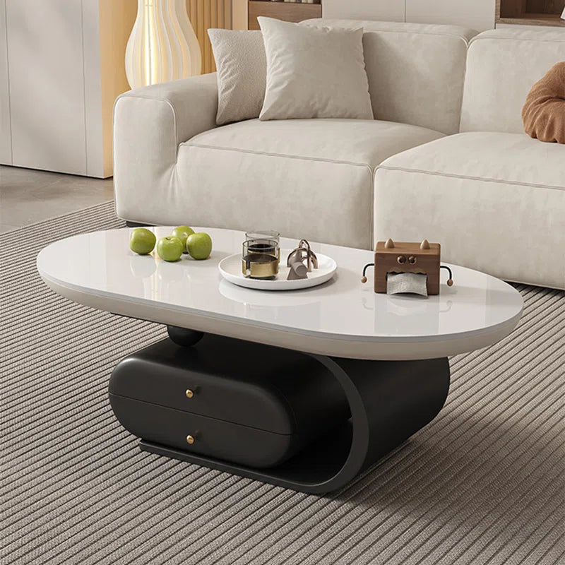 Rock Plate Coffee Table with Double Drawers – Modern Durable Center Table with Iron Base & Rounded Edges