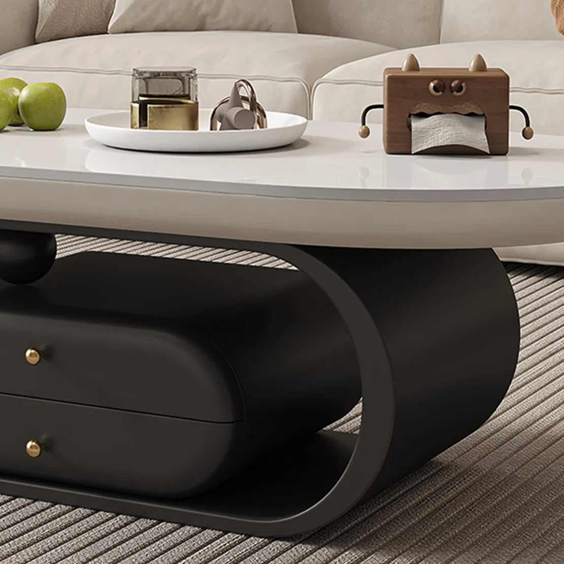 Rock Plate Coffee Table with Double Drawers – Modern Durable Center Table with Iron Base & Rounded Edges