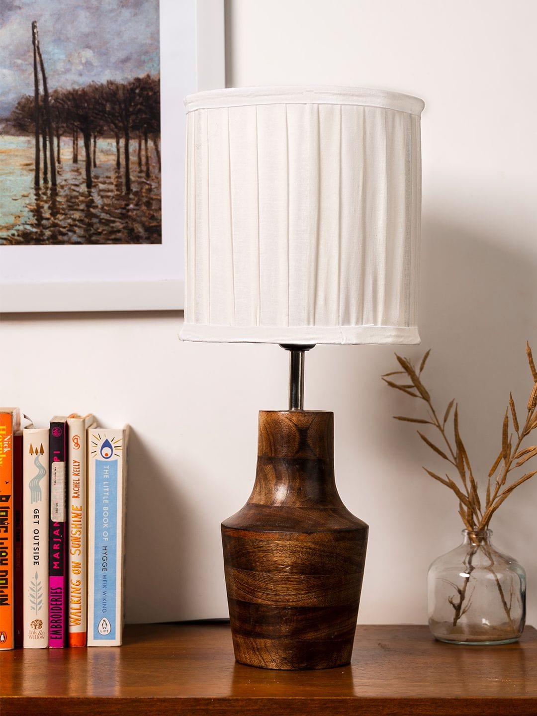 Wooden Firkin Lamp with Pleeted Cotton White Shade