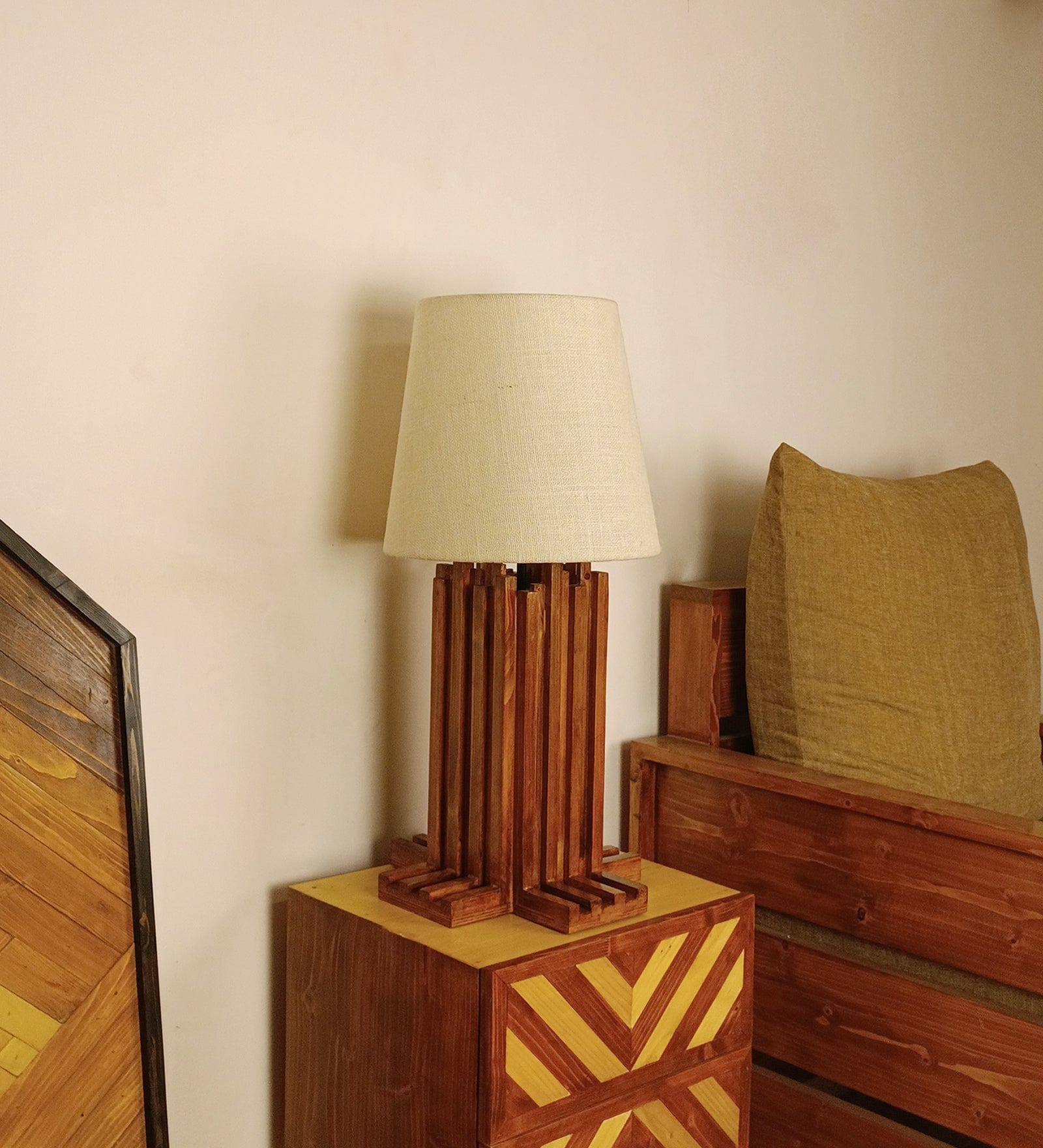 Palisade Brown Wooden Table Lamp with White Fabric Lampshade (BULB NOT INCLUDED)