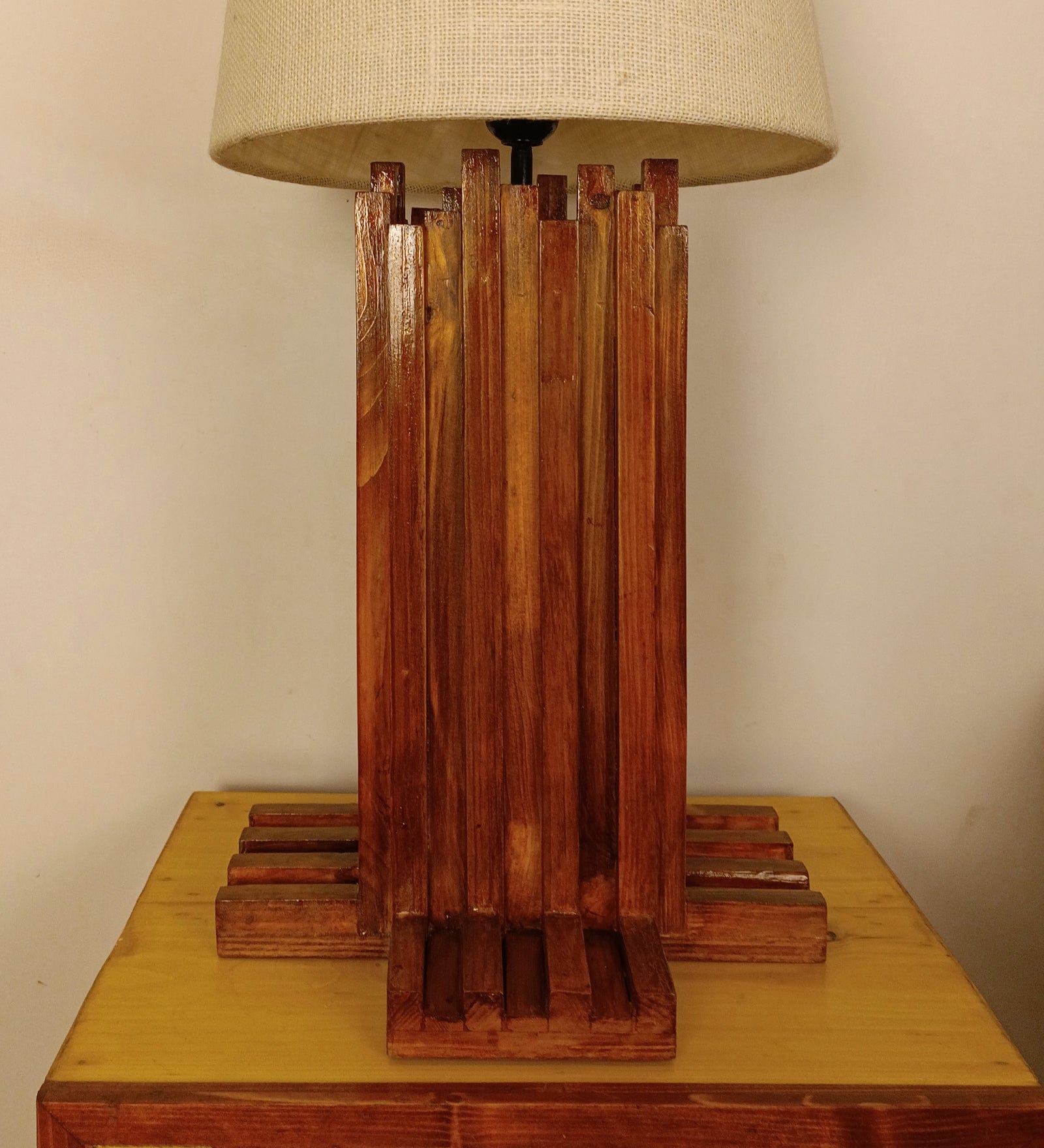 Palisade Brown Wooden Table Lamp with White Fabric Lampshade (BULB NOT INCLUDED)