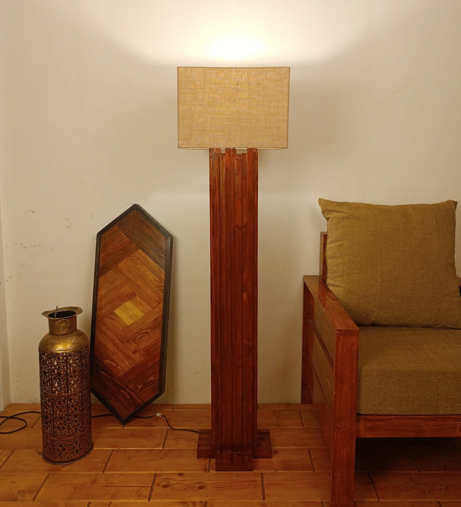 Palisade Wooden Floor Lamp with Premium Beige Fabric Lampshade (BULB NOT INCLUDED)