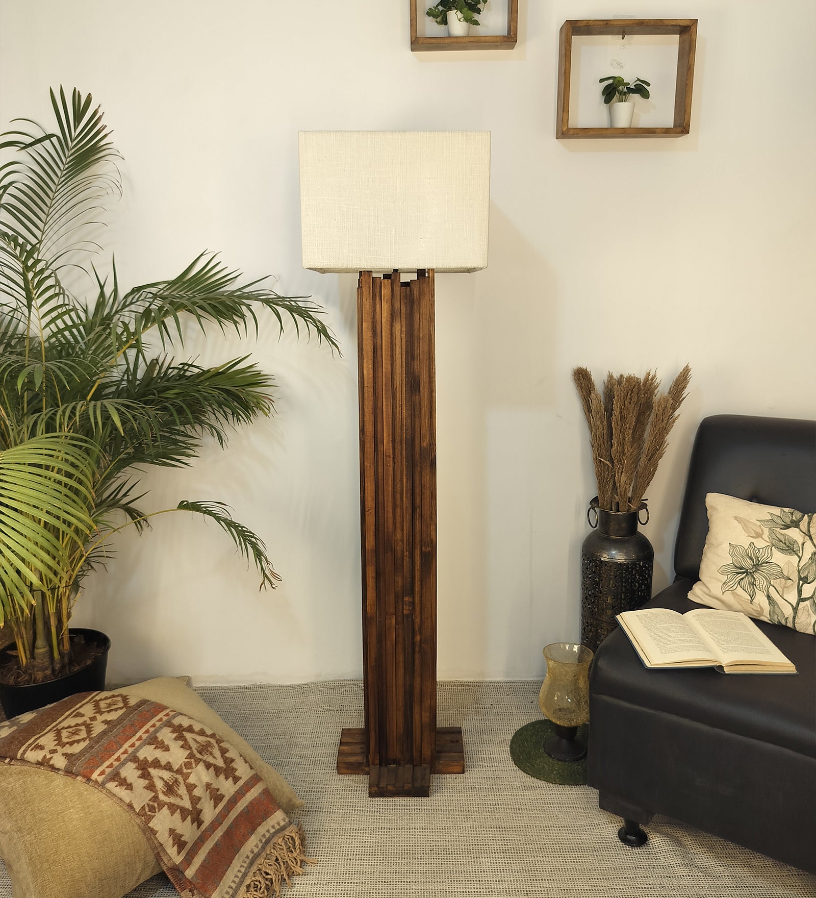 Palisade Wooden Floor Lamp with Premium Beige Fabric Lampshade (BULB NOT INCLUDED)