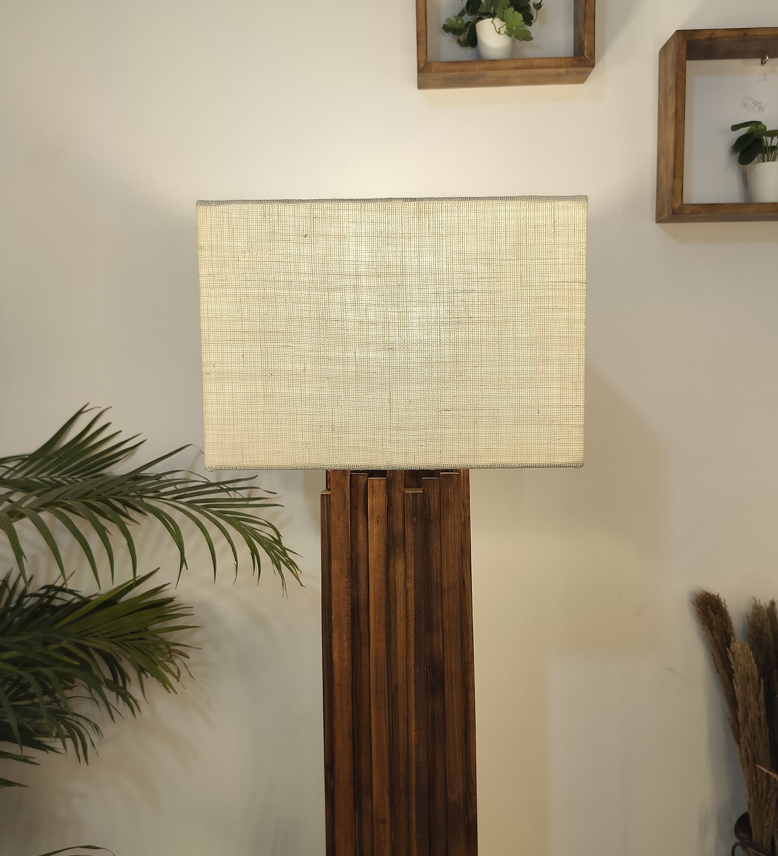 Palisade Wooden Floor Lamp with Premium Beige Fabric Lampshade (BULB NOT INCLUDED)