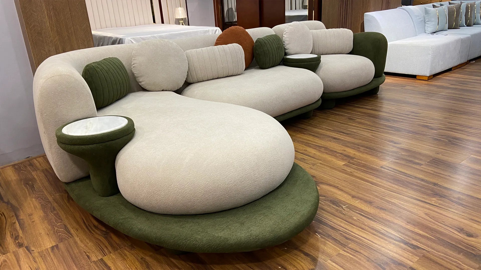 157" Curved Modular Bouclé Sofa with Side Tables