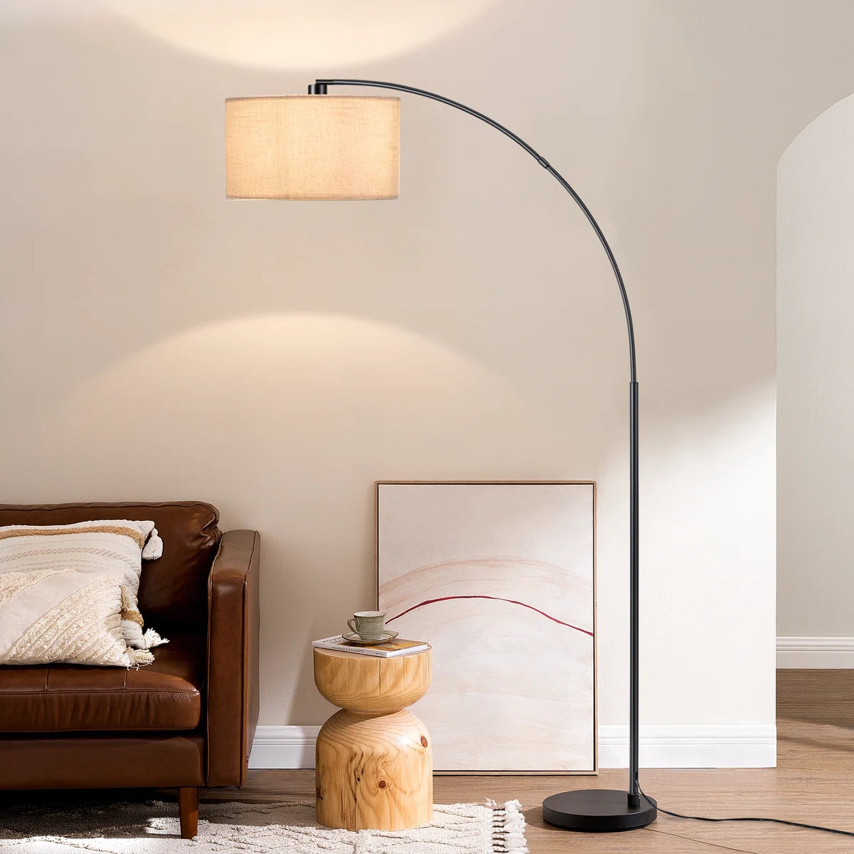 Adjustable Arched Floor Lamp with Linen Drum Shade for Ambient Lighting