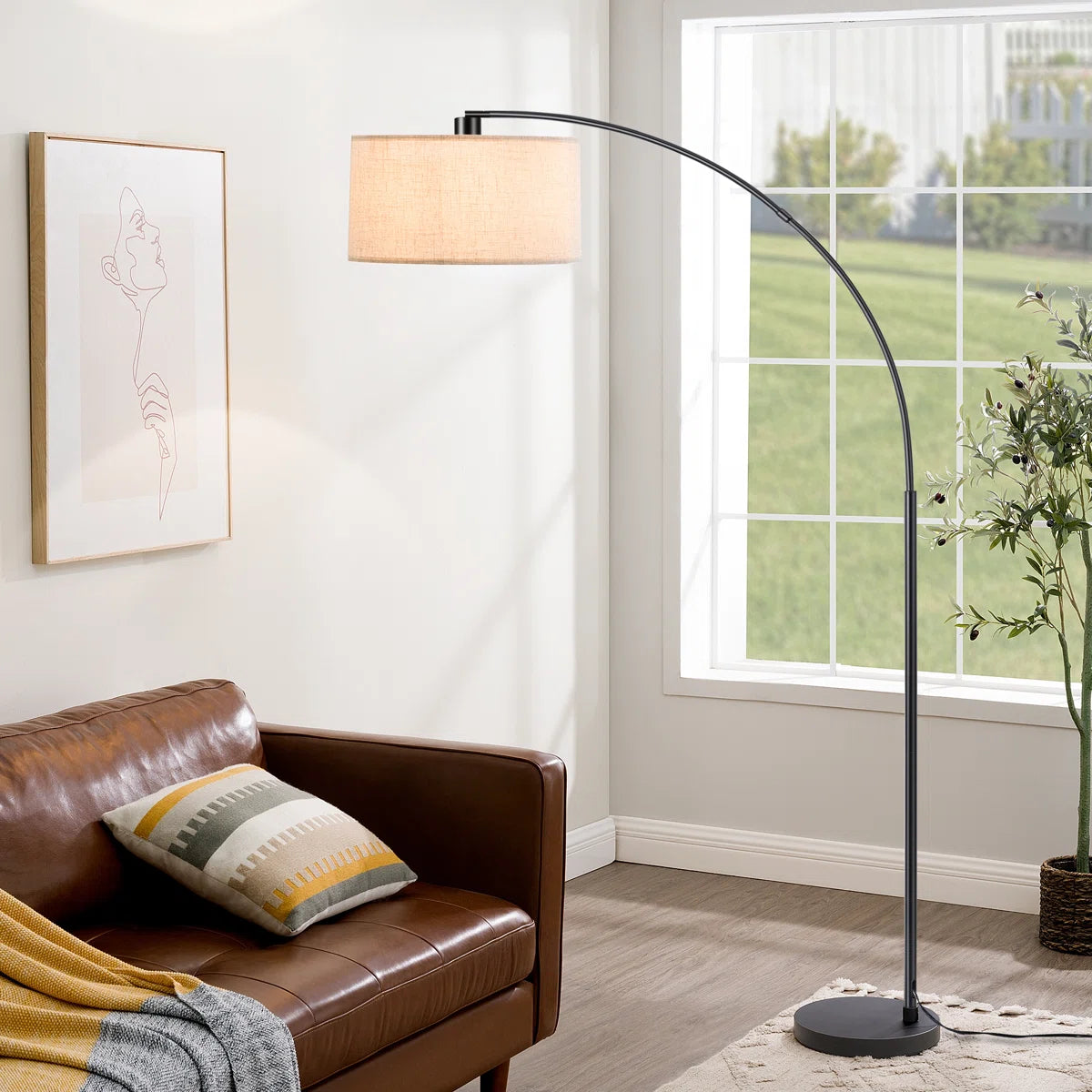 Adjustable Arched Floor Lamp with Linen Drum Shade for Ambient Lighting