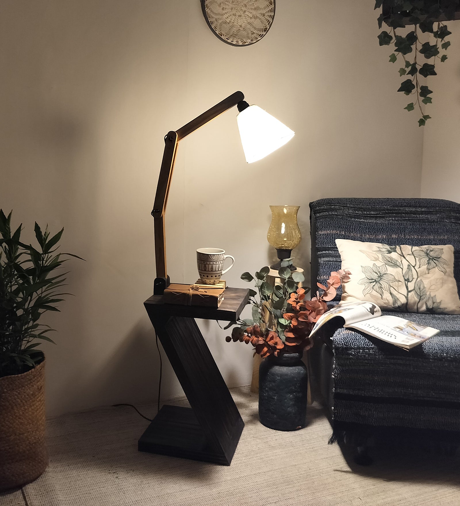 Patrice Wooden Floor Lamp with Brown Base and Jute Fabric Lampshade (BULB NOT INCLUDED)