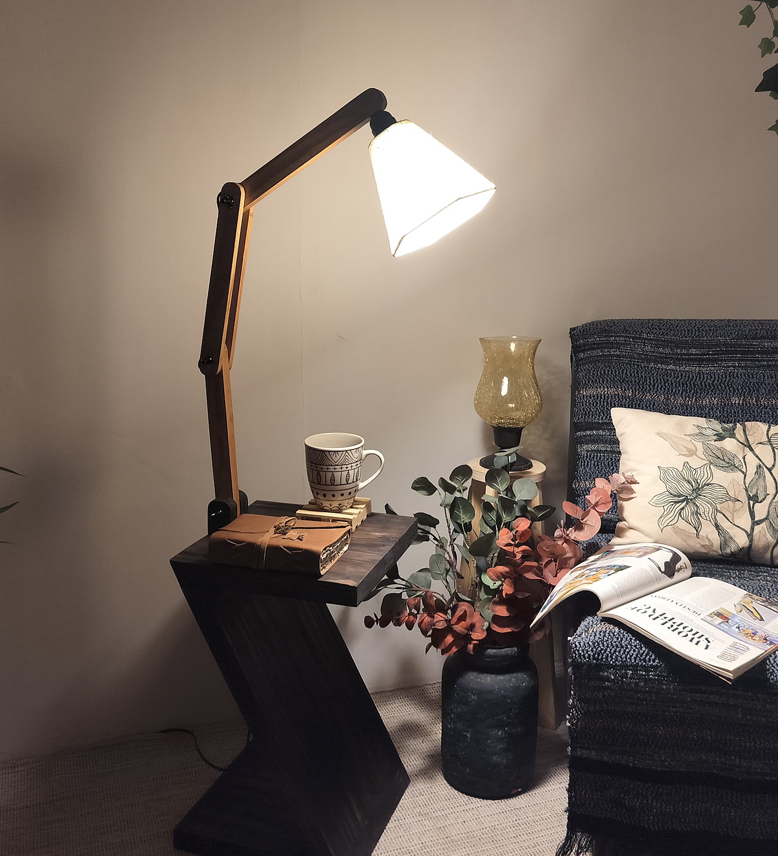 Patrice Wooden Floor Lamp with Brown Base and Jute Fabric Lampshade (BULB NOT INCLUDED)