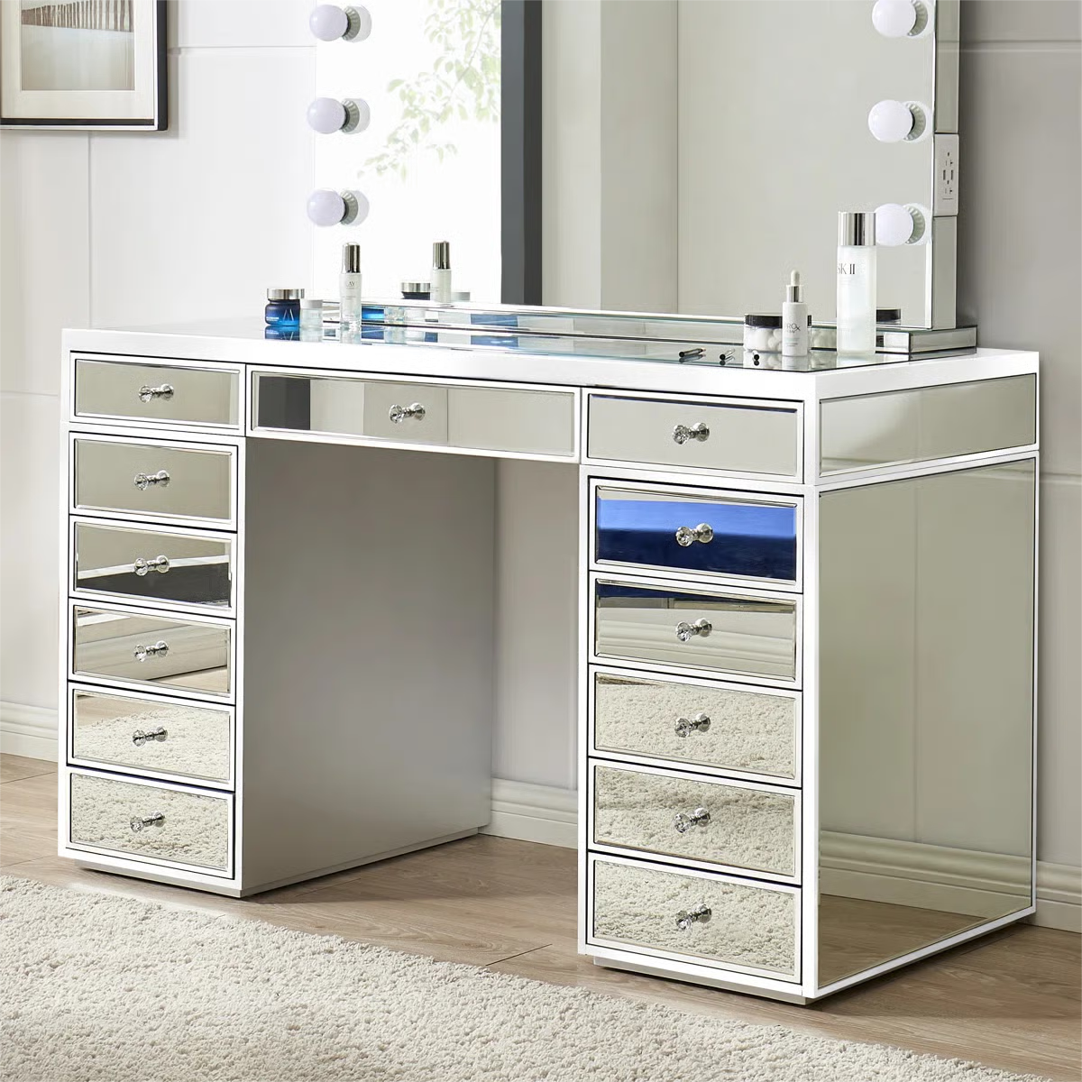 Patternson 13-Drawer Mirrored Vanity Desk – Stylish Makeup Table