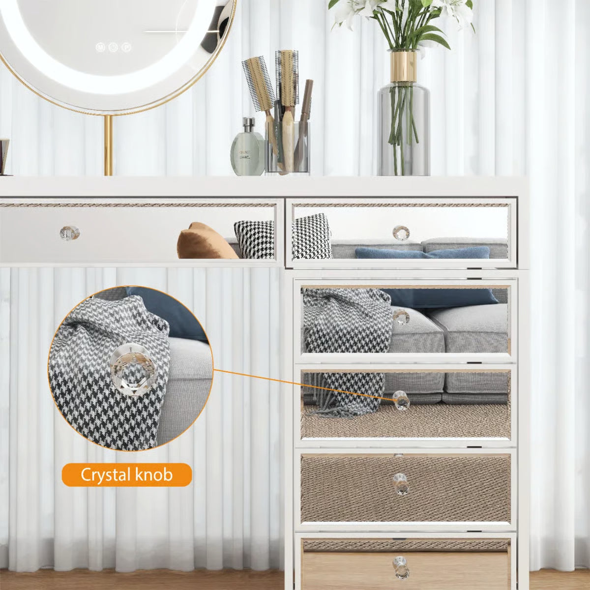 Patternson 13-Drawer Mirrored Vanity Desk – Stylish Makeup Table